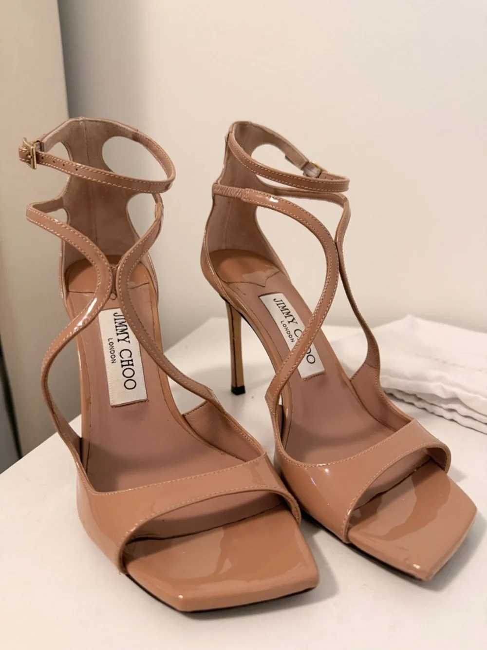 Jimmy Choo 95 Azia Nude Patent Strappy Stiletto Sandals - Picture 1 of 6